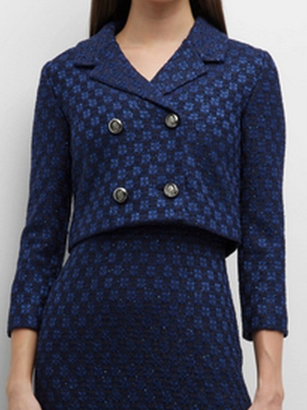 St. John Collection Metallic Check Paillette Knit Crop Blazer 10 Navy